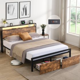 Queen Size Bed Frame with Storage Headboard and 2 Drawers, LED Lights Bed with Charging Station, Metal Platform Bed No Noise, Mattress Foundation Stro