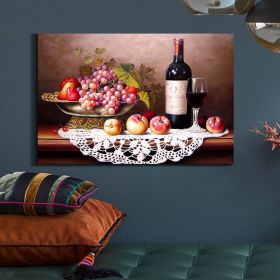 Framed Canvas Wall Art Decor Painting, Still Life Wine and Grape Fruits on Table Oil Painting Style Decoration For Restaurant, Kitchen, Dining Room, O