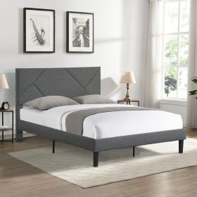 Queen Size Upholstered Platform Bed Frame with Headboard;  Strong Wood Slat Support;  Mattress Foundation;  No Box Spring Needed;  Easy Assembly;  Gra