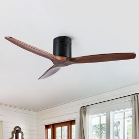 52In.Farmhouse Flush Mount  Low Profile Ceiling Fan with Solid Wood Blades and Remote Control