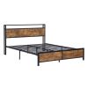 Industrial Queen Bed Frame with LED Lights and 2 USB Ports, Bed Frame Queen Size with Storage, Noise Free, No Box Spring Needed, Rustic Brown