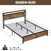 Industrial Queen Bed Frame with LED Lights and 2 USB Ports, Bed Frame Queen Size with Storage, Noise Free, No Box Spring Needed, Rustic Brown