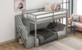 Twin-Over-Twin Floor Bunk Bed, Built-In Ladder with Storage, Stylish Gray Finish