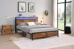 Industrial Queen Bed Frame with LED Lights and 2 USB Ports, Bed Frame Queen Size with Storage, Noise Free, No Box Spring Needed, Rustic Brown