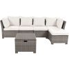 6-Piece Outdoor Sofa Set; PE Wicker Rattan Sofa with 2 Corner Chairs; 2 Single Chairs; 1 Ottoman and 1 Storage Table; All-weather Conversational Furni