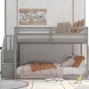 Twin-Over-Twin Floor Bunk Bed, Built-In Ladder with Storage, Stylish Gray Finish