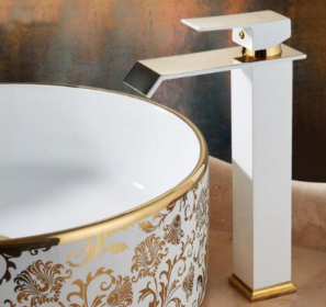 Basin Faucet All Copper Hot And Cold Water Waterfall Black And White Paint Golden Basin European-Style American Art Faucet (Option: Tallwhiteandgold)