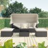 Outdoor Patio Rectangle Daybed with Retractable Canopy, Wicker Furniture Sectional Seating with Washable Cushions, Backyard, Porch